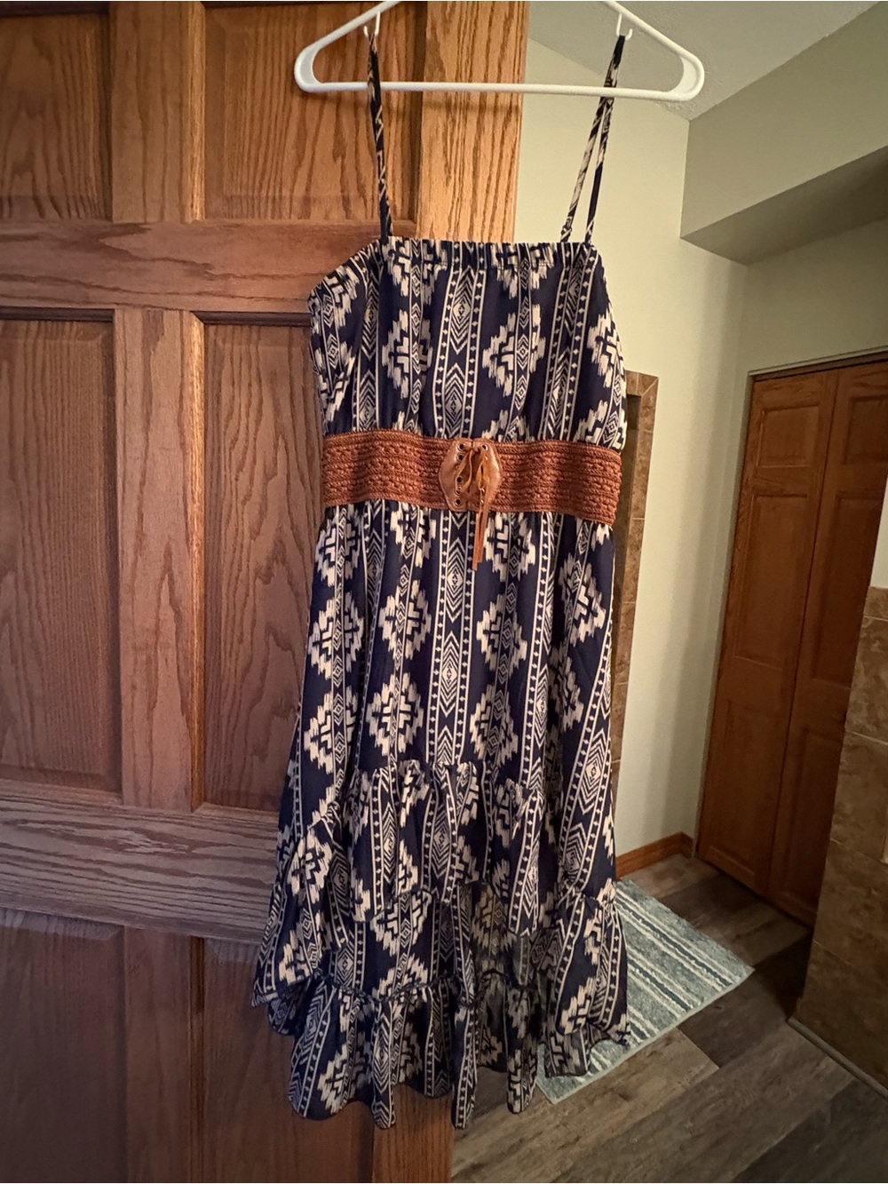 Rue21 Navy and White Aztec Print Mini Dress with Brown Waist Belt